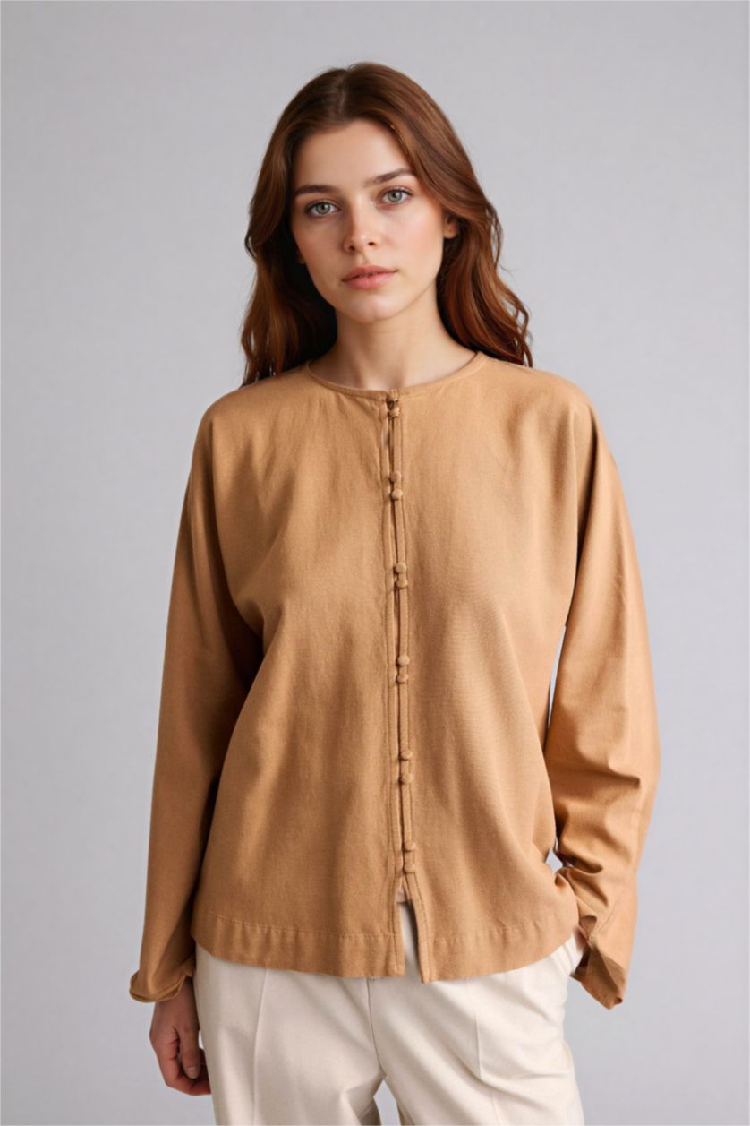Kadın Camel Keten Karışımlı Uzun Kollu Tunik