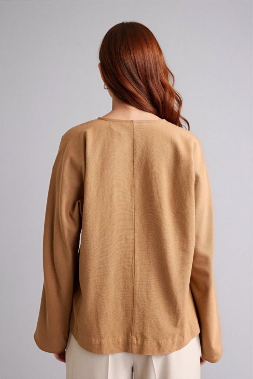 Kadın Camel Keten Karışımlı Uzun Kollu Tunik
