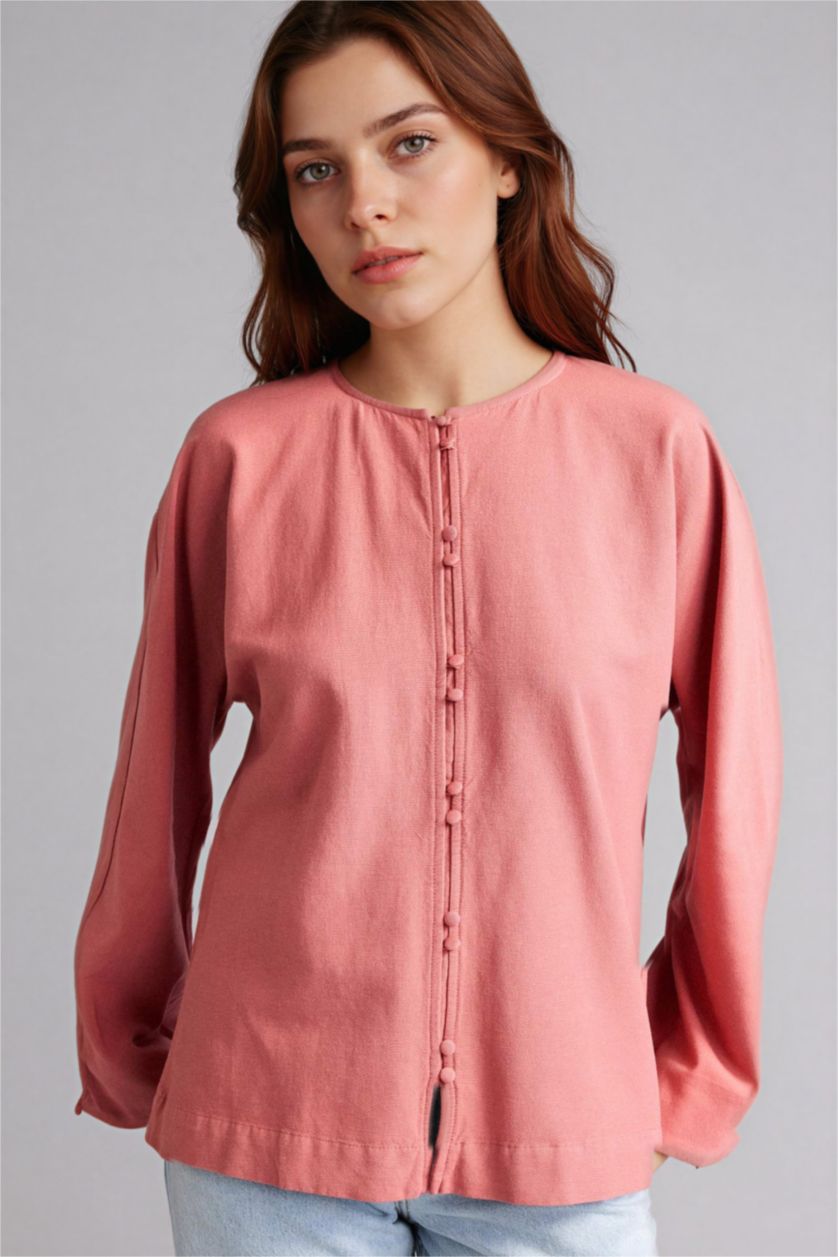 Woman Dark Rose Regular Fit Linen Blended Long Sleeve Tunic