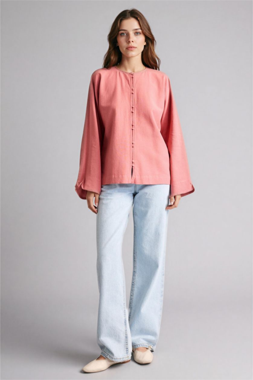 Woman Dark Rose Regular Fit Linen Blended Long Sleeve Tunic