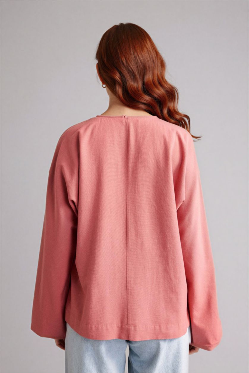 Woman Dark Rose Regular Fit Linen Blended Long Sleeve Tunic