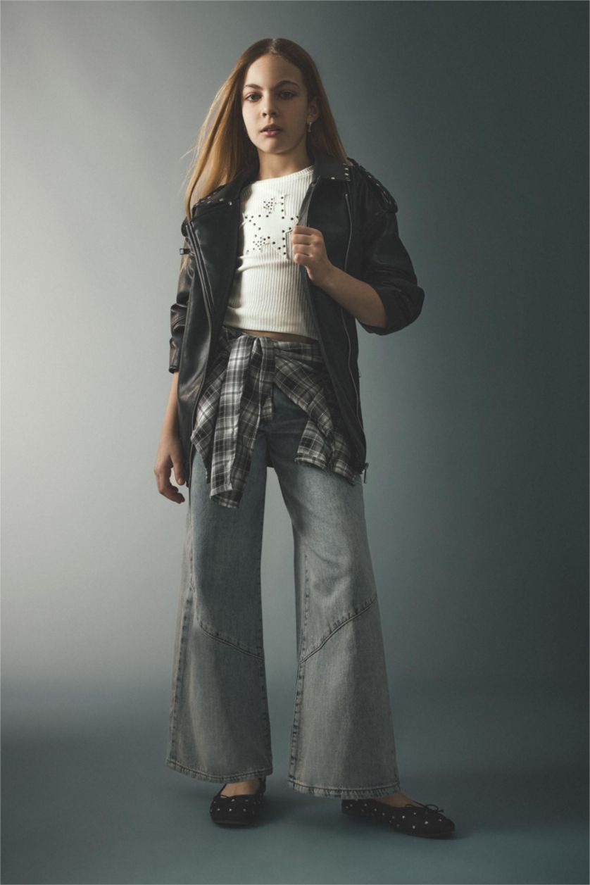 بنات أخضر فاتح بنطلون جينز بناتي وايد ليج برجل واسع