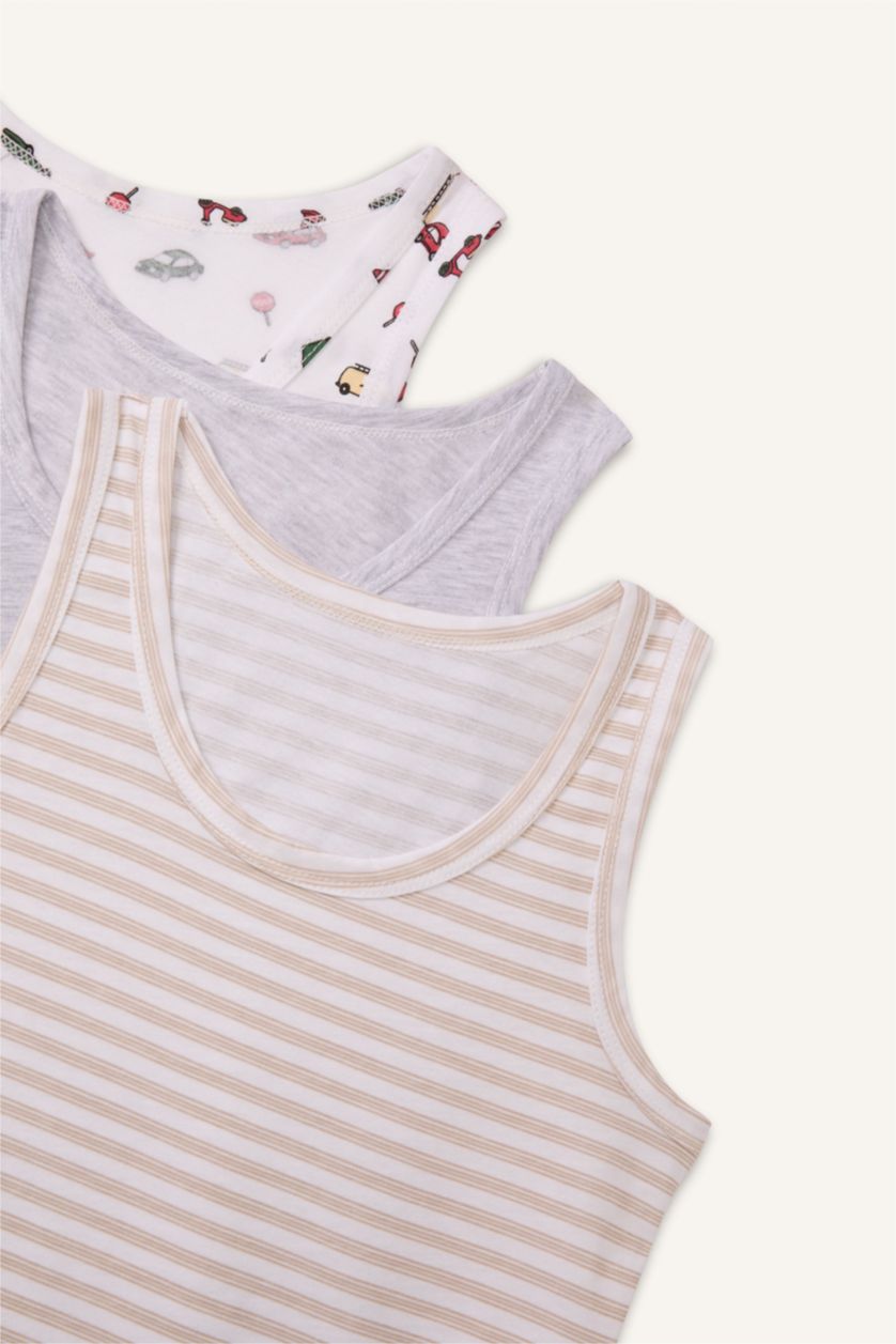 Erkek Çocuk - Genç Erkek Beyaz Araç Baskılı 3'lü Atlet Erkek Çocuk