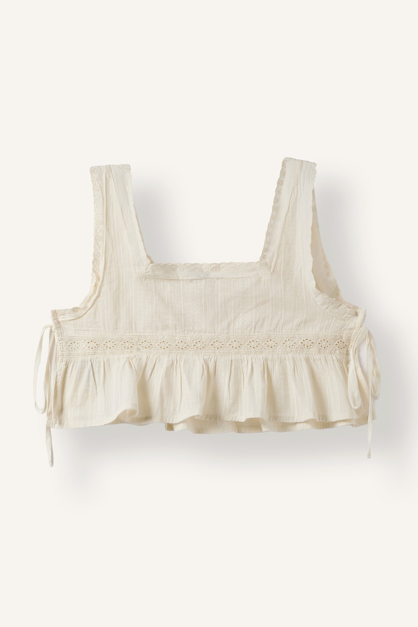 Kadın Ekru Kare Yaka Fırfırlı Brode Crop Basic Bluz