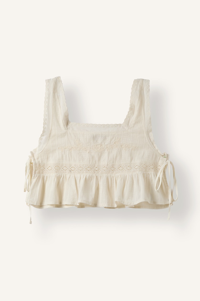 Kadın Ekru Kare Yaka Fırfırlı Brode Crop Basic Bluz
