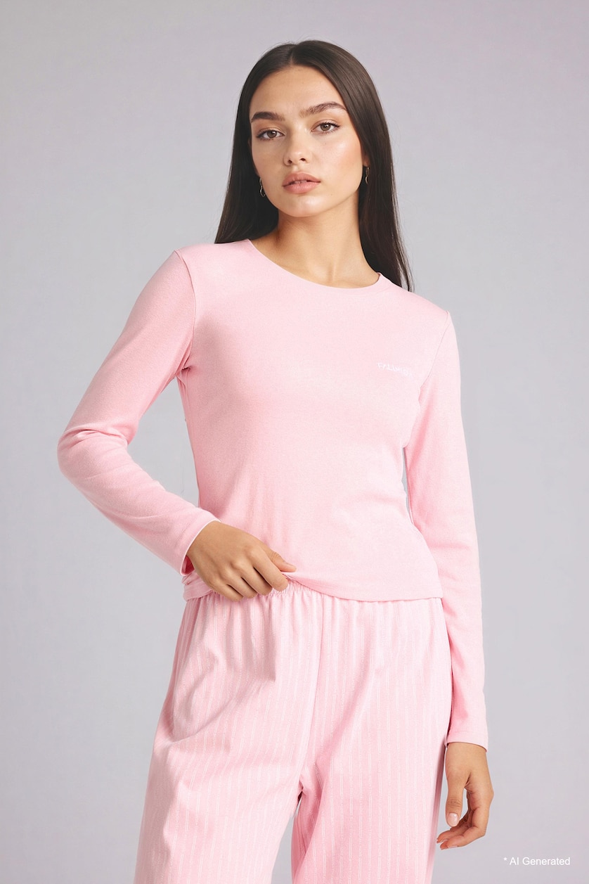 Kadın Pembe %100 Pamuk Regular Fıt Uzun Kollu Pijama Takımı