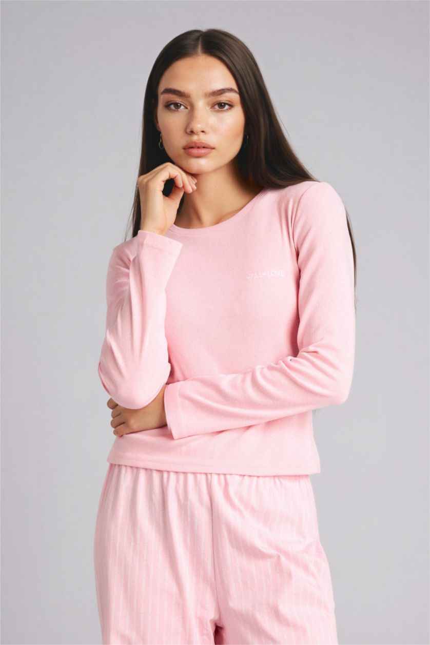 حريمي زهري طقم قصة عادية كم طويل - قطعتين