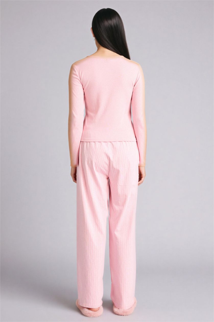 حريمي زهري طقم قصة عادية كم طويل - قطعتين