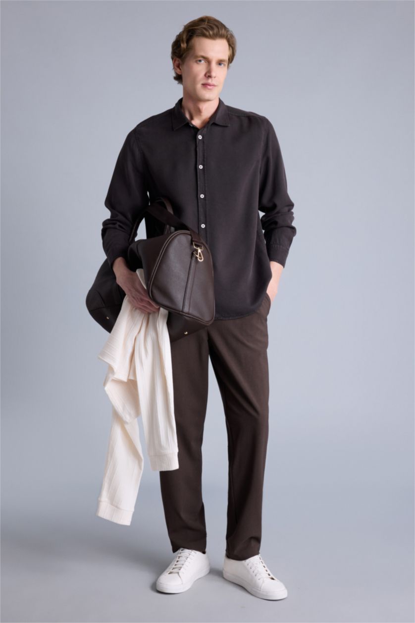 Erkek Koyu Kahve Premium Akışkan Kumaş Gömlek
