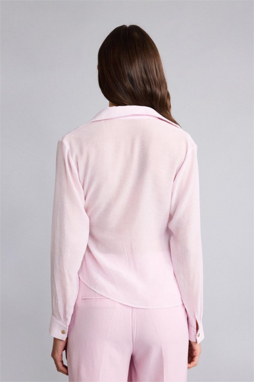 Kadın Açık Pembe Regular Fıt Wrap Yaka Dokulu Uzun Kollu Bluz