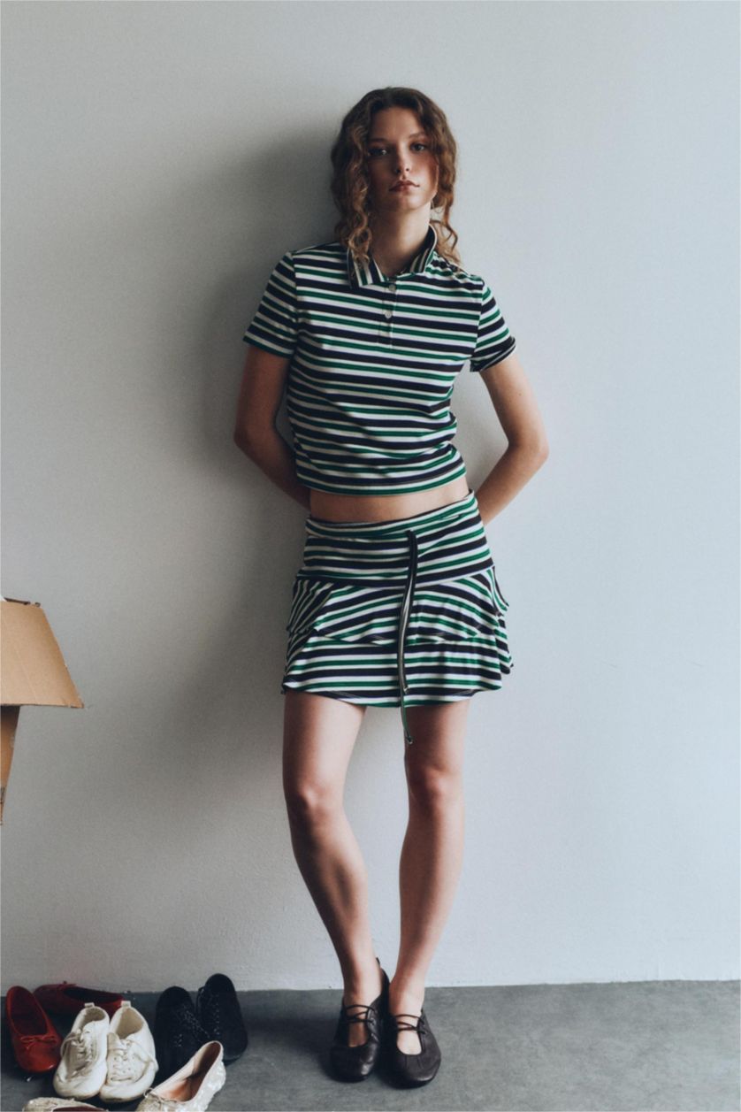 Kadın Yeşil Çizgili Normal Bel Ribana Mini Etek