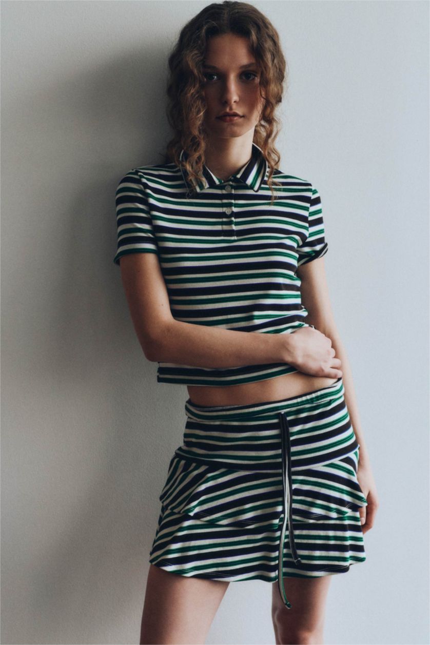 Kadın Yeşil Çizgili Normal Bel Ribana Mini Etek