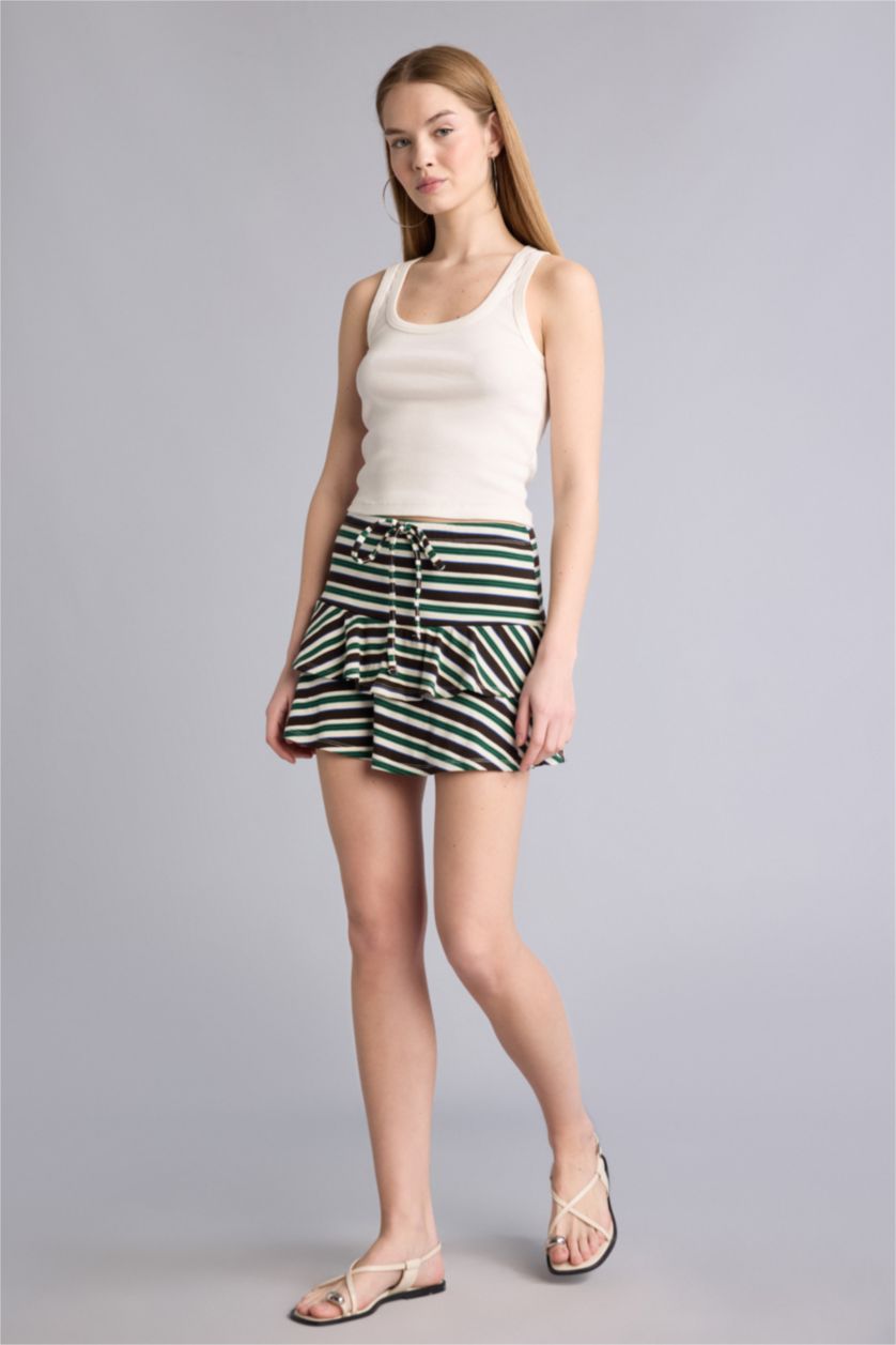 WOMAN Green Striped Ribana Combed Lining Normal Waist Mini Knitted Skirt