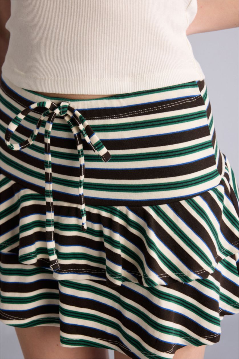 WOMAN Green Striped Ribana Combed Lining Normal Waist Mini Knitted Skirt