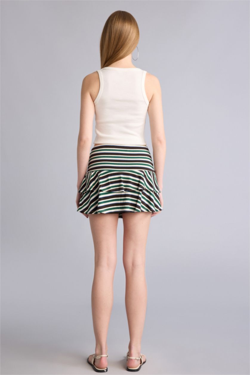 WOMAN Green Striped Ribana Combed Lining Normal Waist Mini Knitted Skirt