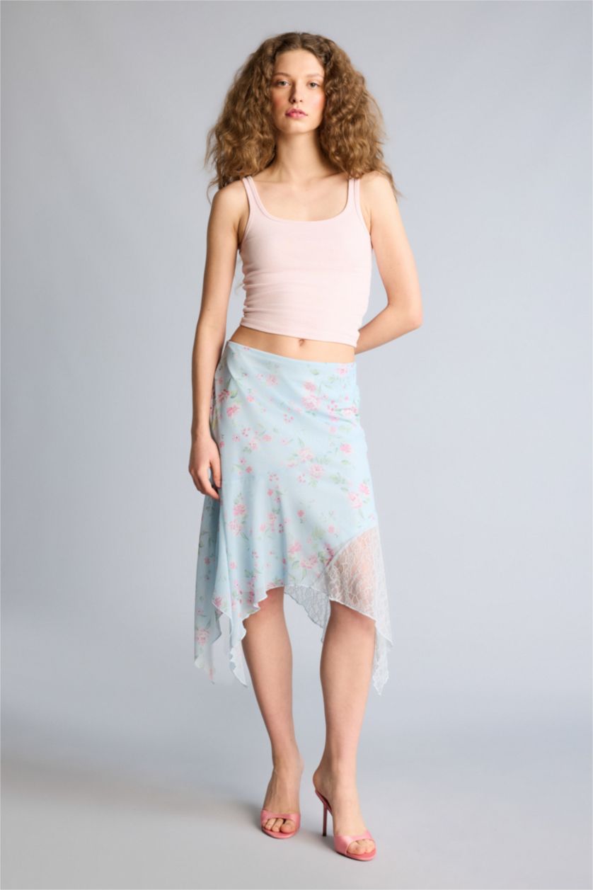 نساء أزرق تنورة قصيرة فلورال تول غير متماثل بخصر عادي وبطانة جيرسي