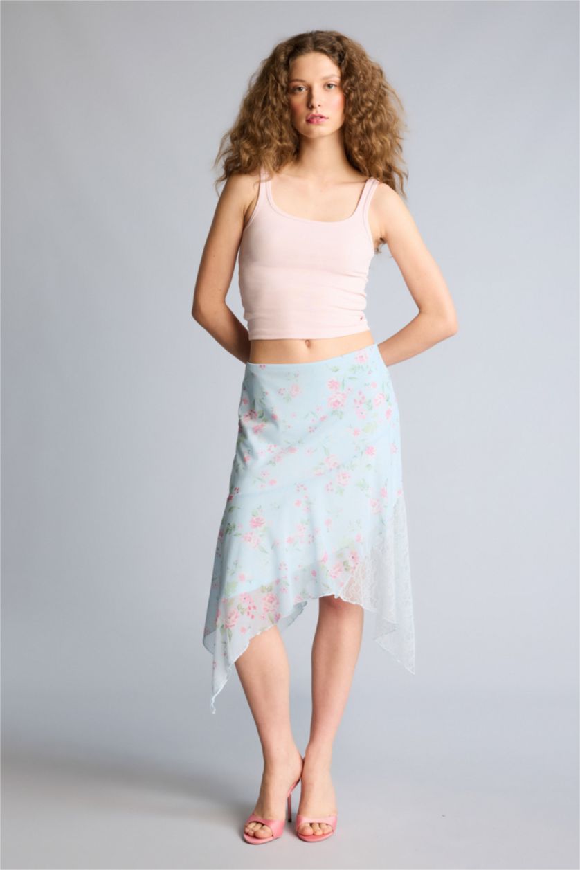 نساء أزرق تنورة قصيرة فلورال تول غير متماثل بخصر عادي وبطانة جيرسي