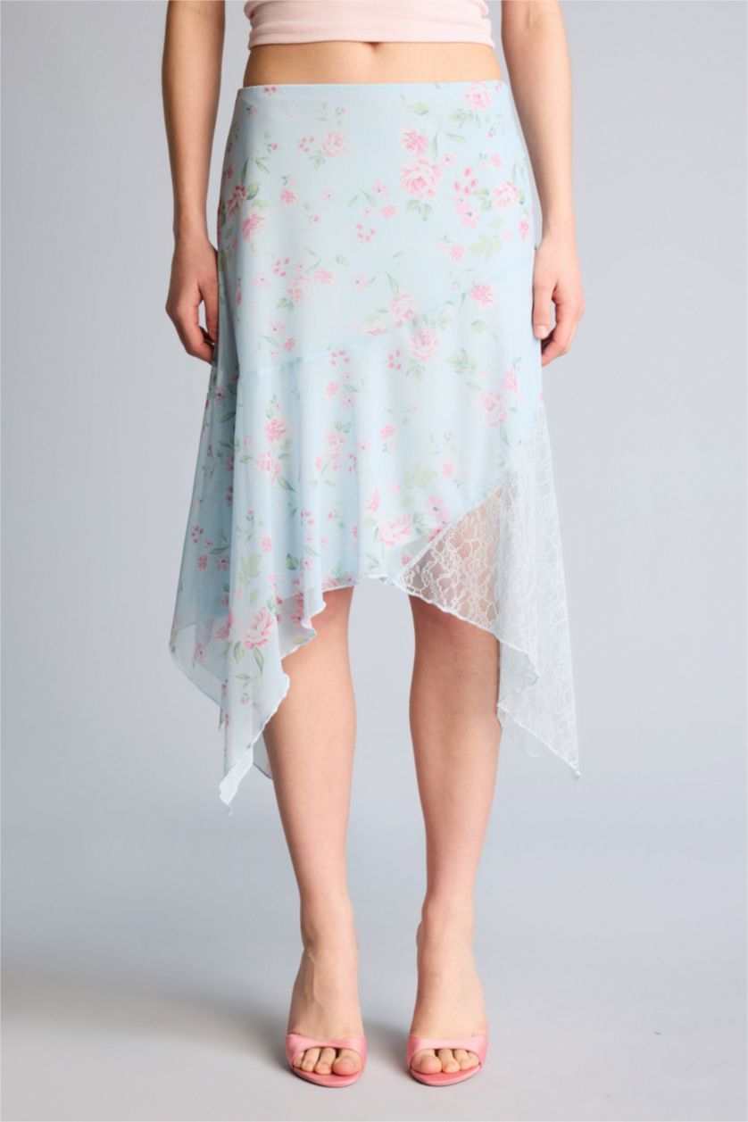 نساء أزرق تنورة قصيرة فلورال تول غير متماثل بخصر عادي وبطانة جيرسي