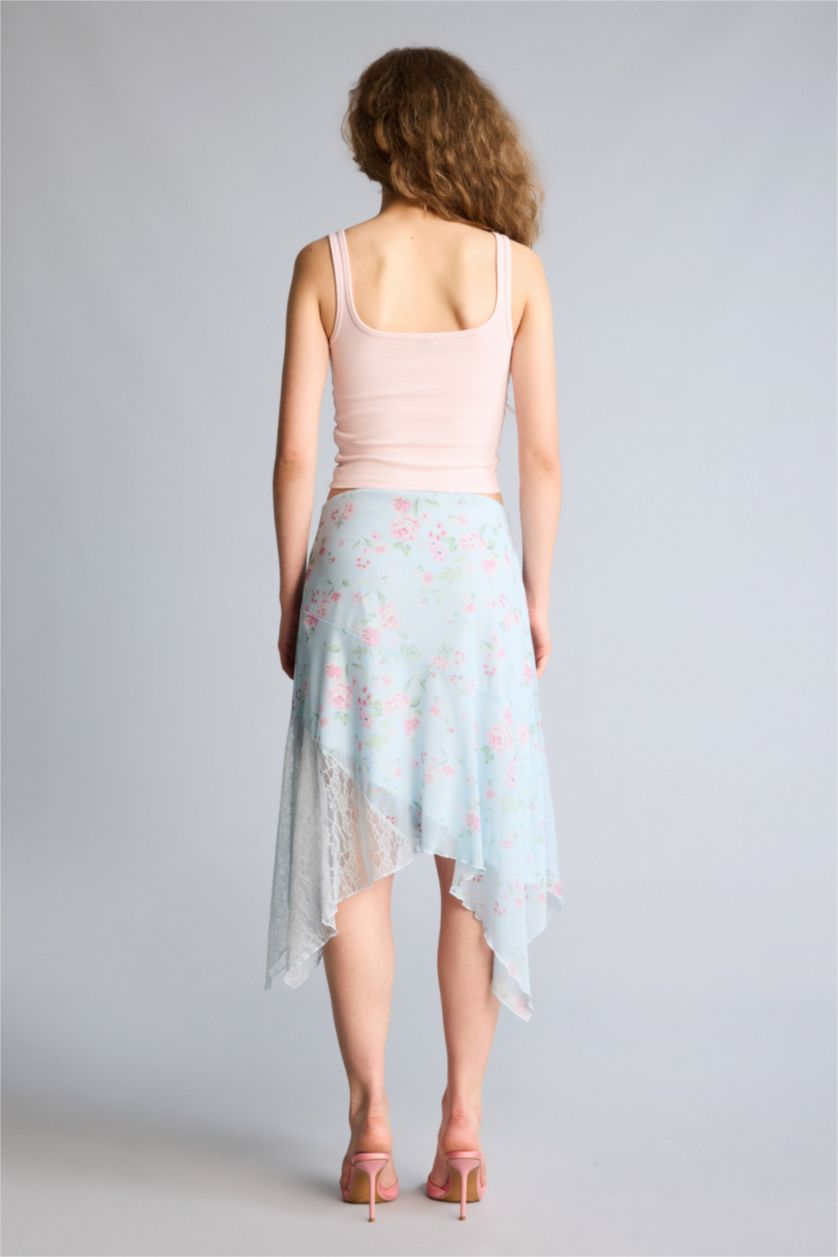 نساء أزرق تنورة قصيرة فلورال تول غير متماثل بخصر عادي وبطانة جيرسي