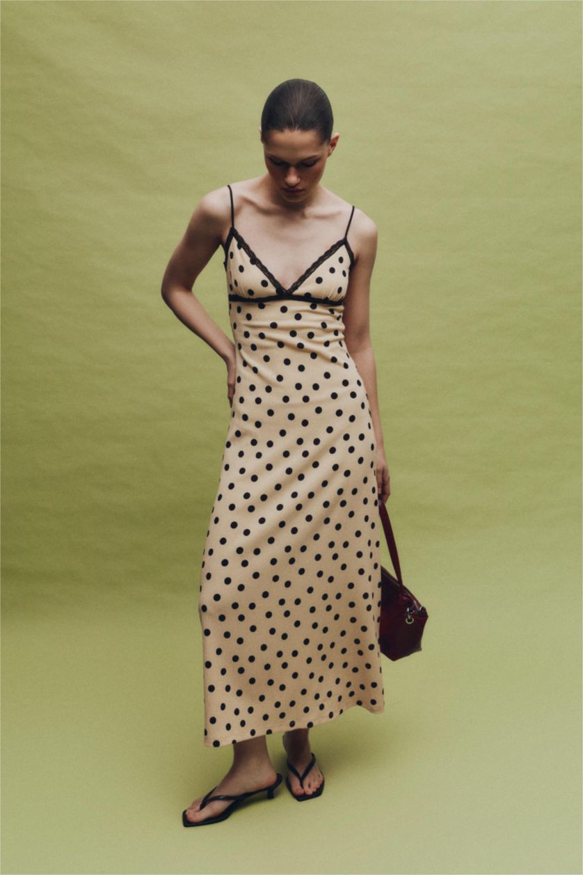 Kadın Sarı Kalp Yaka Puantiyeli Bürümcük Askılı Maxi Elbise