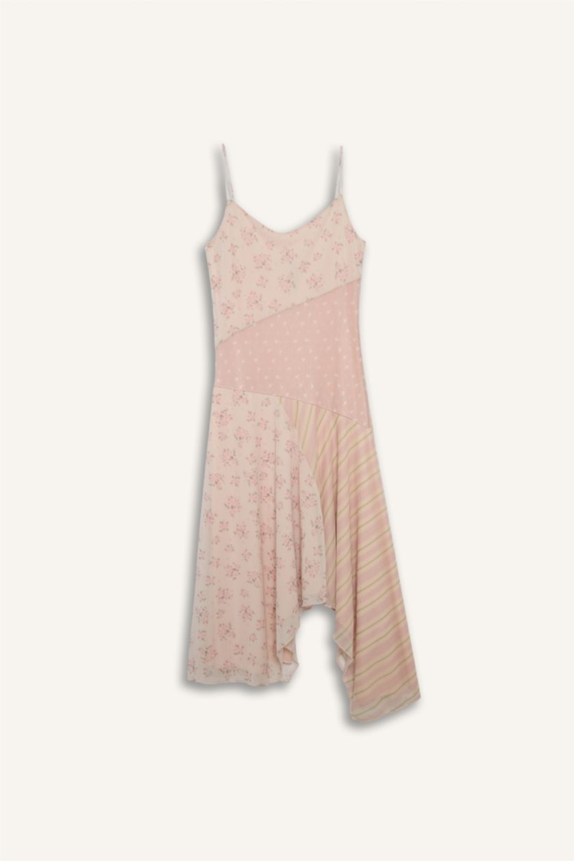 Woman Light Pink Asymmetric V-Neck Tulle Midi Dress