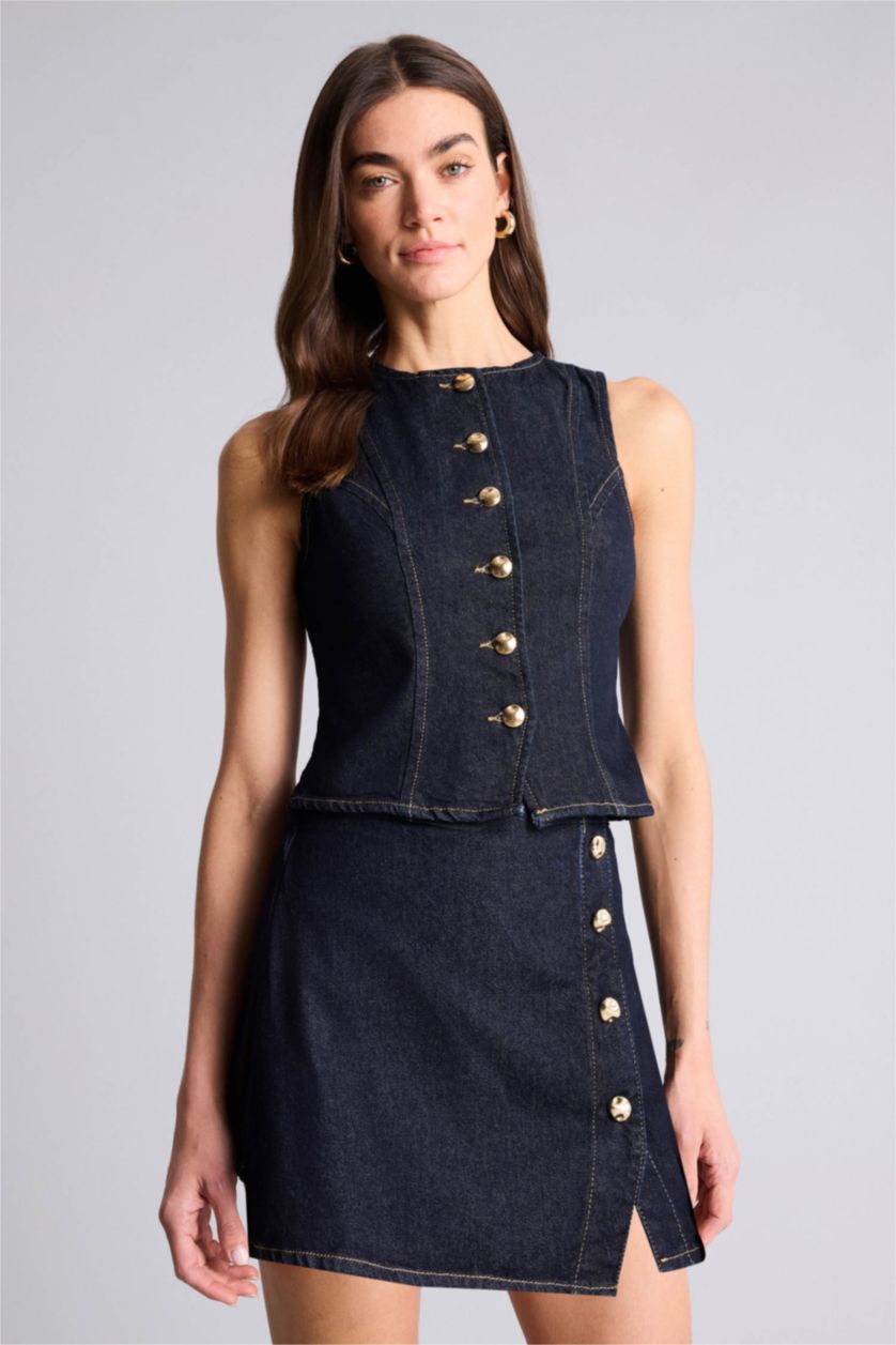 Kadın Mavi Siyah Jean Şort Etek