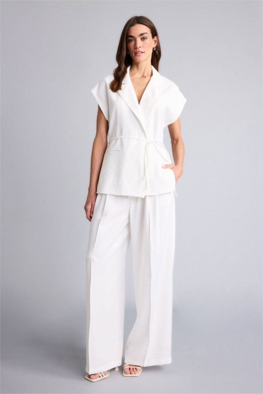 Kadın Ekru Wıde Leg Yüksek Bel Geniş Paça Tencel Pantolon