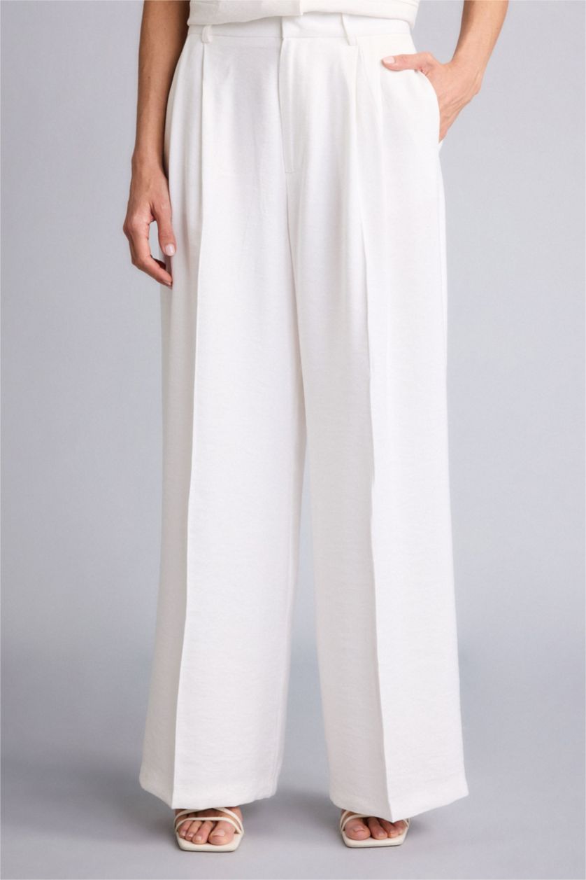 Kadın Ekru Wıde Leg Yüksek Bel Geniş Paça Tencel Pantolon
