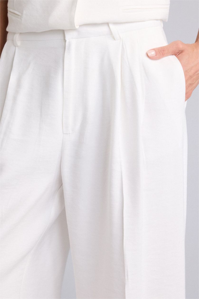 Kadın Ekru Wıde Leg Yüksek Bel Geniş Paça Tencel Pantolon