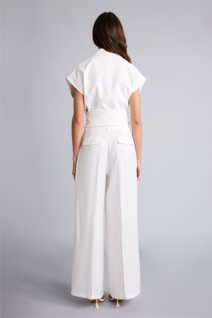 Kadın Ekru Wıde Leg Yüksek Bel Geniş Paça Tencel Pantolon