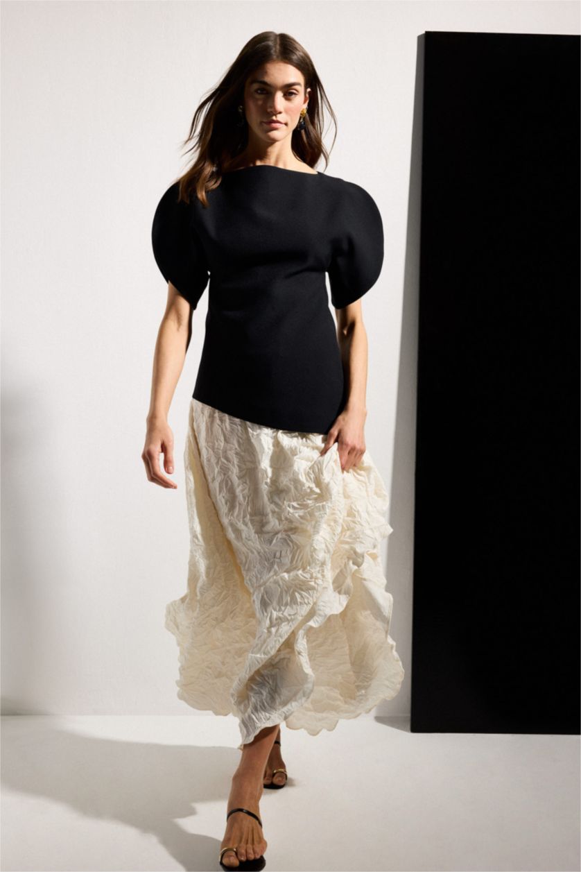 Kadın Ekru A Kesim Saten Midi Etek