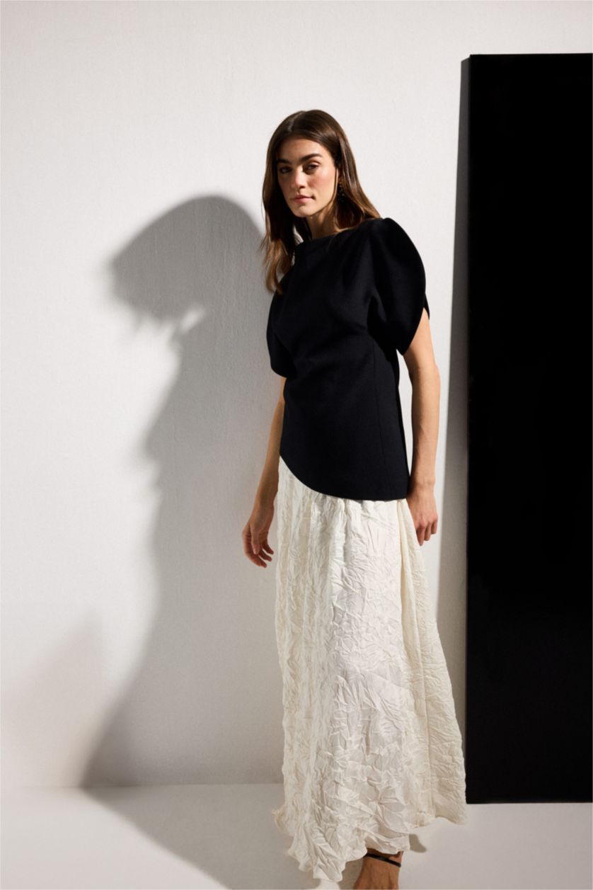 Kadın Ekru A Kesim Saten Midi Etek