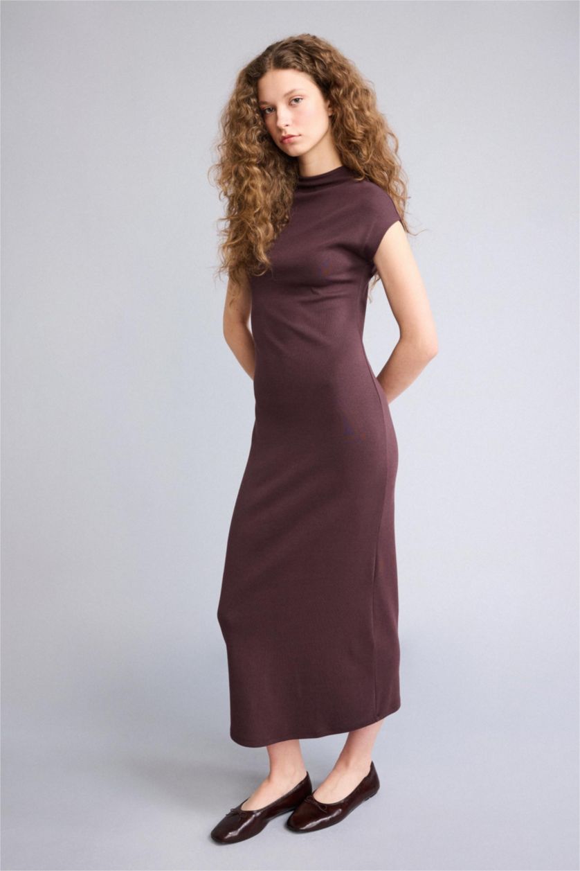 Kadın Kahve Bodycon Vücudu Saran Modal Maxi Elbise