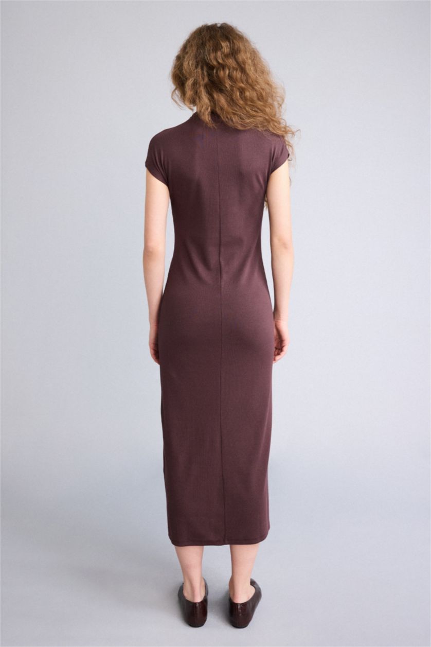 Kadın Kahve Bodycon Vücudu Saran Modal Maxi Elbise