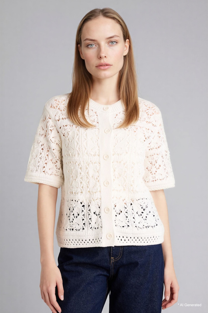 Women Ecru Regular Fit Crew Neck Knitwear Cardigan