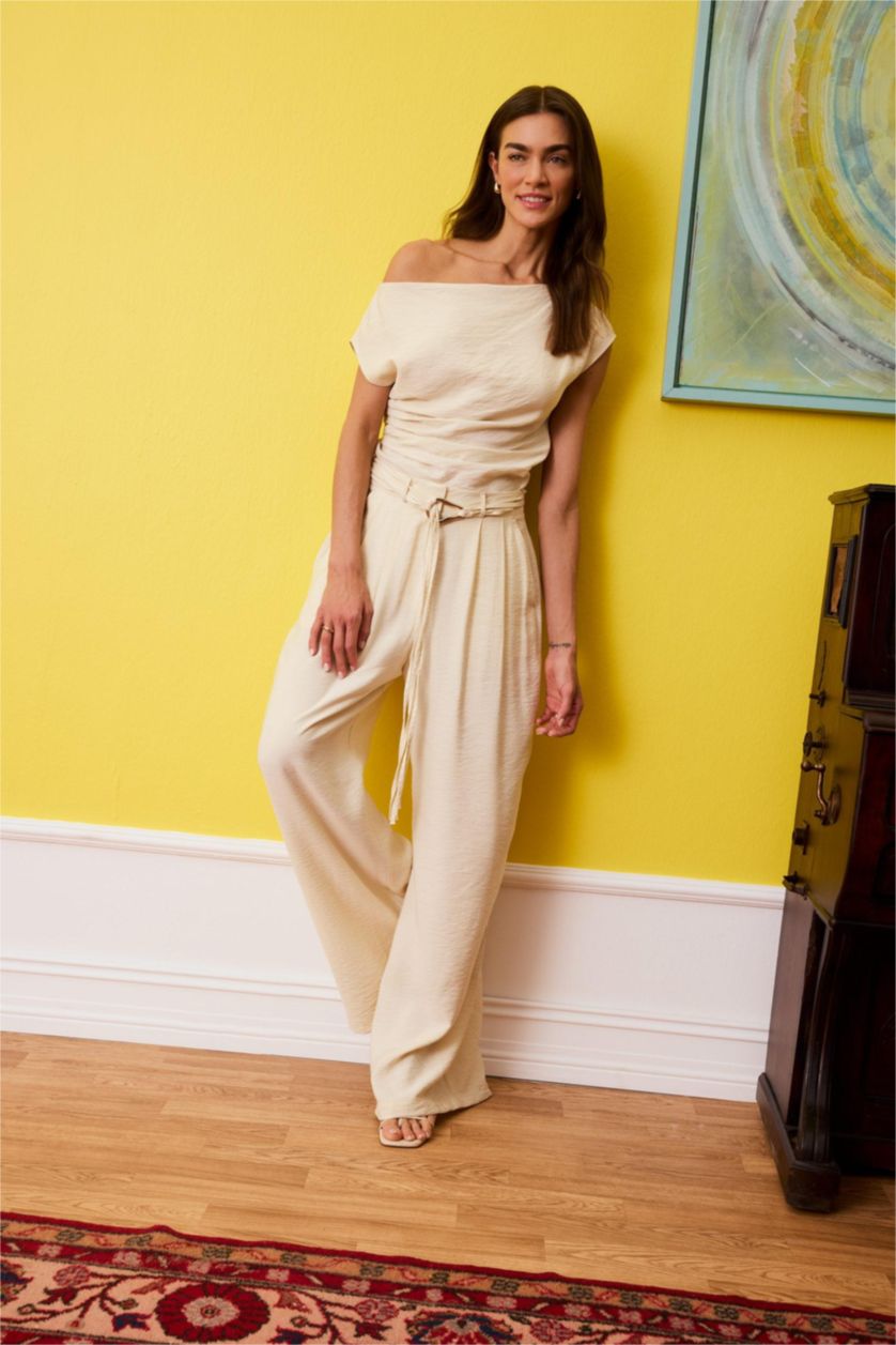 WOMAN Light Yellow بنطلون من التويل وايد ليج برجل واسع وخصر عالي