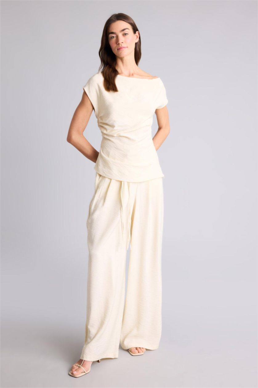 WOMAN Light Yellow بنطلون من التويل وايد ليج برجل واسع وخصر عالي