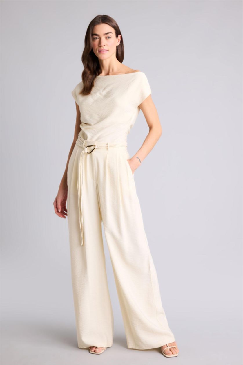 WOMAN Light Yellow بنطلون من التويل وايد ليج برجل واسع وخصر عالي