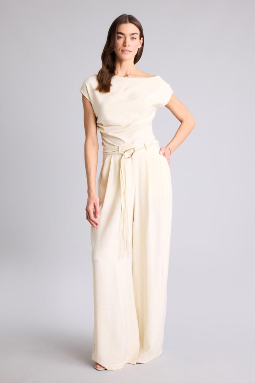 WOMAN Light Yellow بنطلون من التويل وايد ليج برجل واسع وخصر عالي