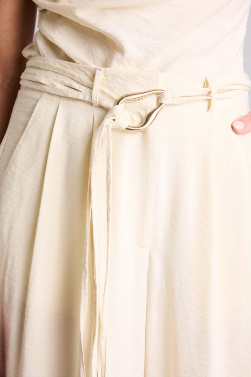 WOMAN Light Yellow بنطلون من التويل وايد ليج برجل واسع وخصر عالي