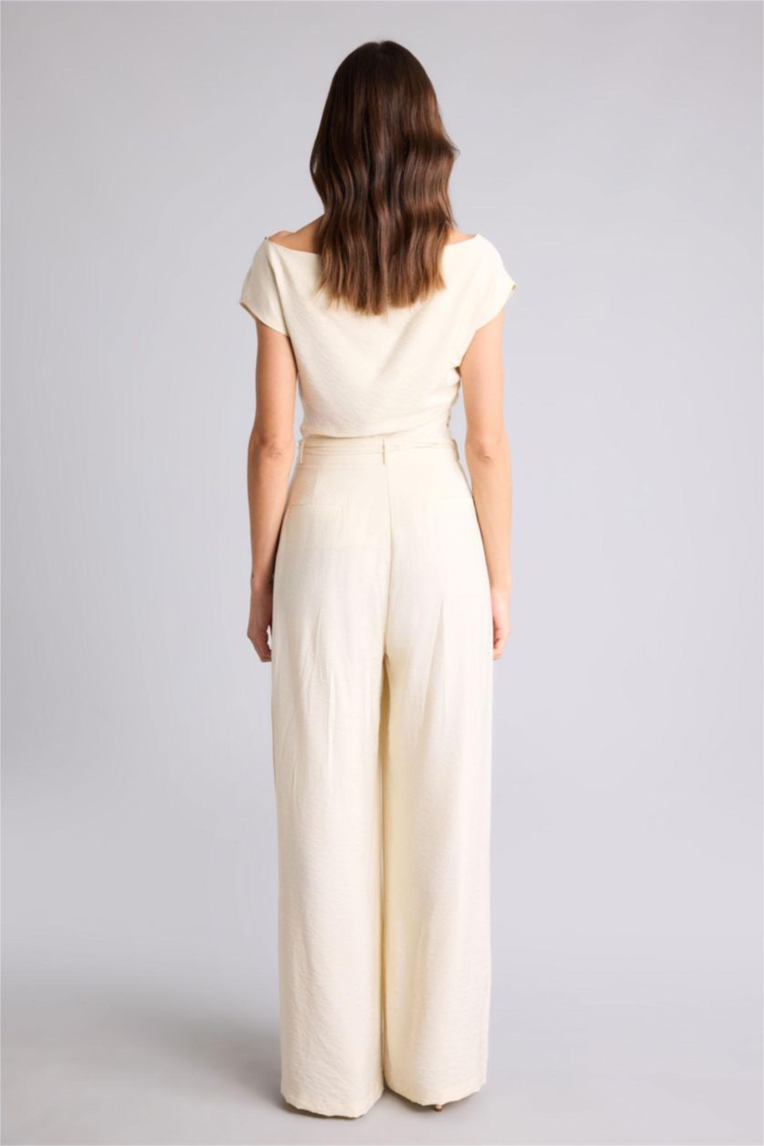 WOMAN Light Yellow بنطلون من التويل وايد ليج برجل واسع وخصر عالي