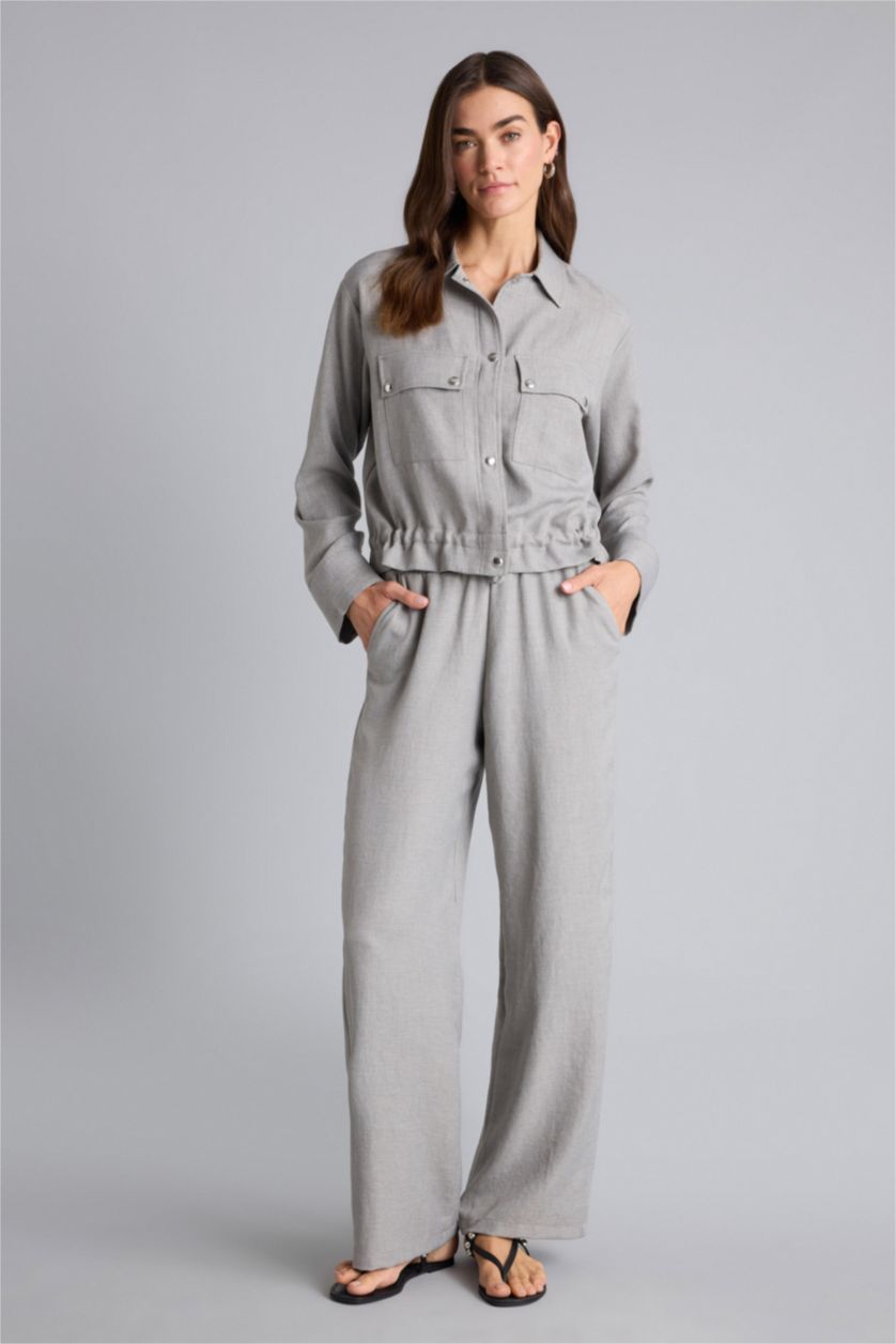 Kadın Gri Wıde Leg Çift Cepli Yüksek Bel Pantolon