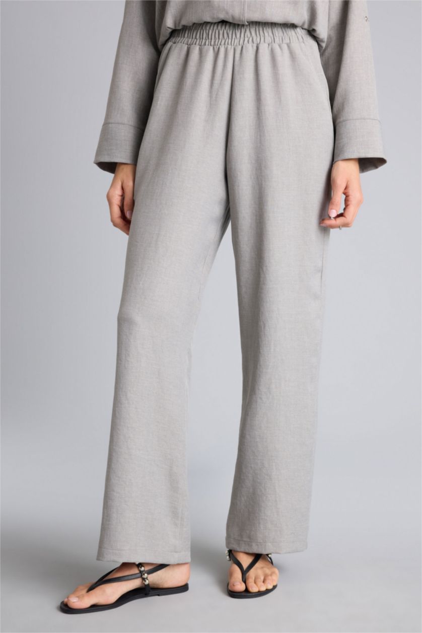 Kadın Gri Wıde Leg Çift Cepli Yüksek Bel Pantolon