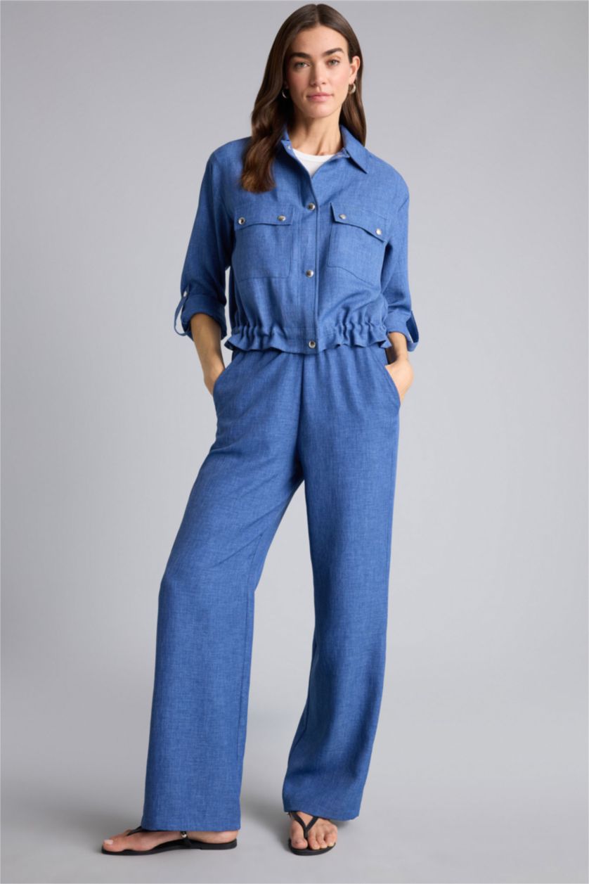 حريمي نيلي بنطلون وايد ليج برجل واسع وخصر عالي