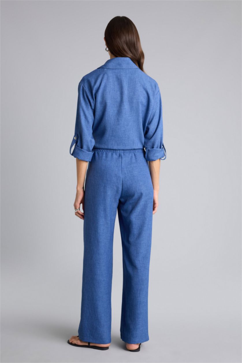 حريمي نيلي بنطلون وايد ليج برجل واسع وخصر عالي