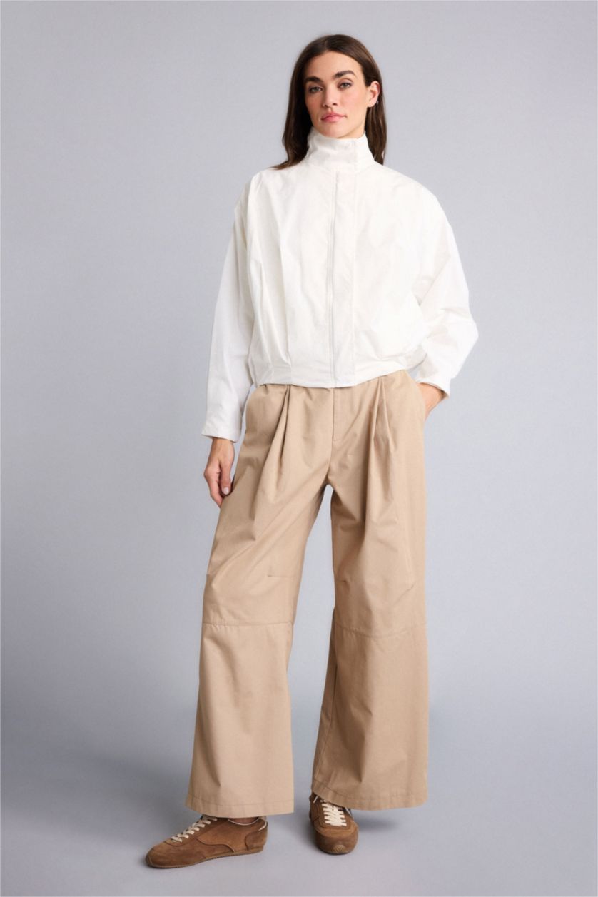 Kadın Ekru Balloon Fıt Dik Yaka Poplin Ceket