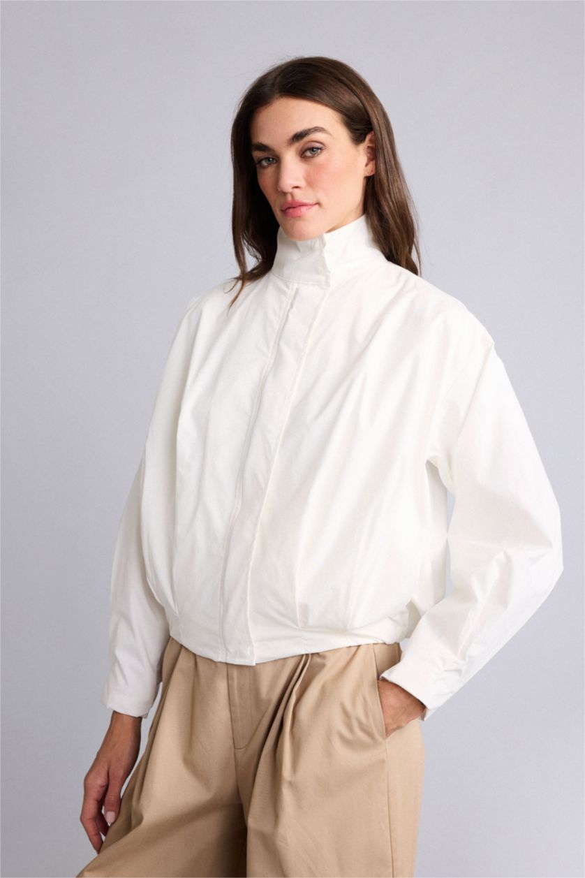 Kadın Ekru Balloon Fıt Dik Yaka Poplin Ceket