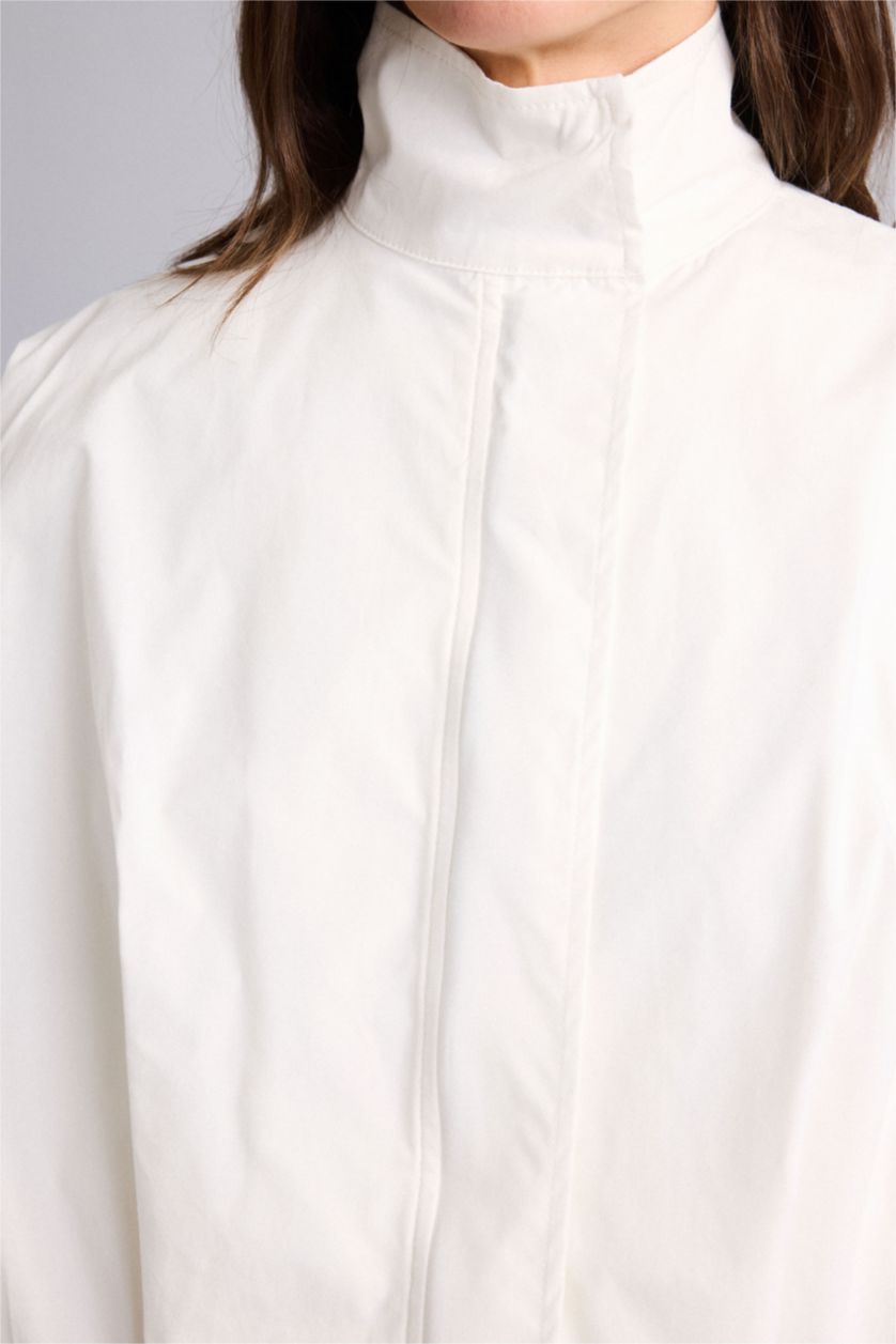 Kadın Ekru Balloon Fıt Dik Yaka Poplin Ceket