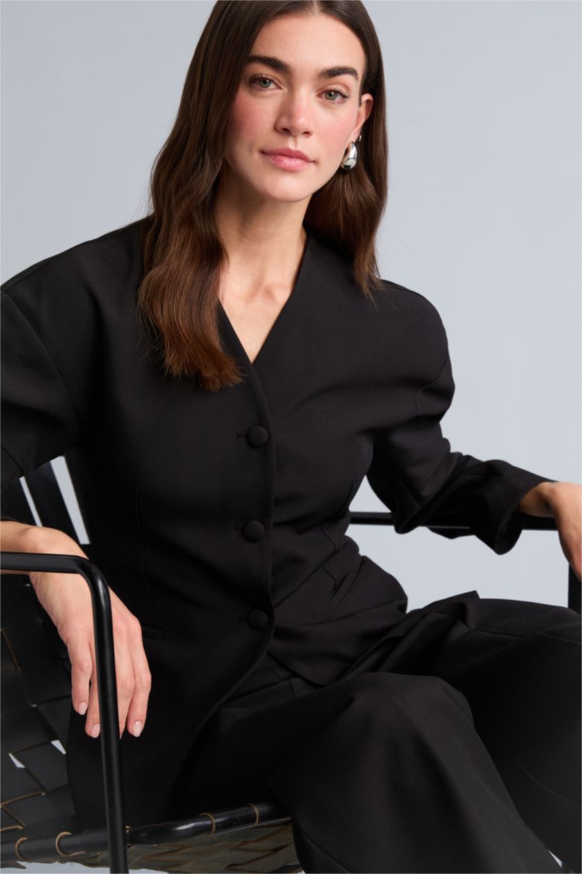 WOMAN Black Slim Fit V-Neck Crepe Blazer