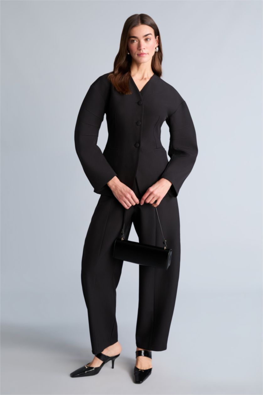 WOMAN Black Slim Fit V-Neck Crepe Blazer